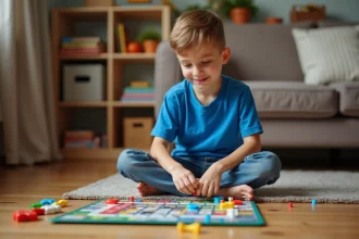 Garçon souriant de 7 ans jouant à un jeu de société
