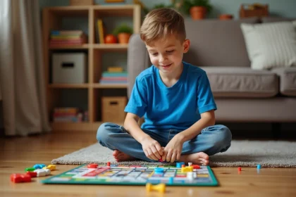 Garçon souriant de 7 ans jouant à un jeu de société