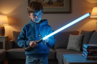 Garçon de 10 ans avec sabre laser réaliste dans un salon