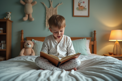 Jeune garçon de sept ans lit un livre avant de dormir