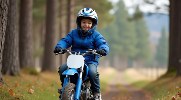 Garçon de 7 ans en moto tout-terrain dans la nature
