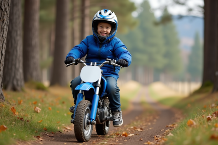 Garçon de 7 ans en moto tout-terrain dans la nature