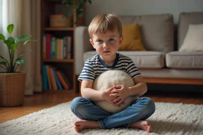 Jeune garçon assis sur le sol avec un coussin dans un salon cosy
