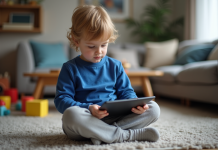 Garçon de 4 ans absorbé par une tablette dans le salon