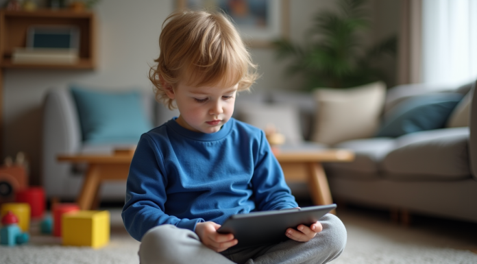 Garçon de 4 ans absorbé par une tablette dans le salon