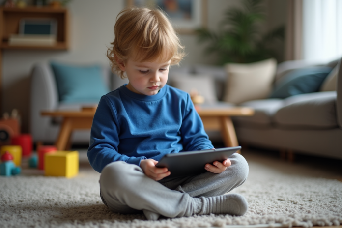 Garçon de 4 ans absorbé par une tablette dans le salon