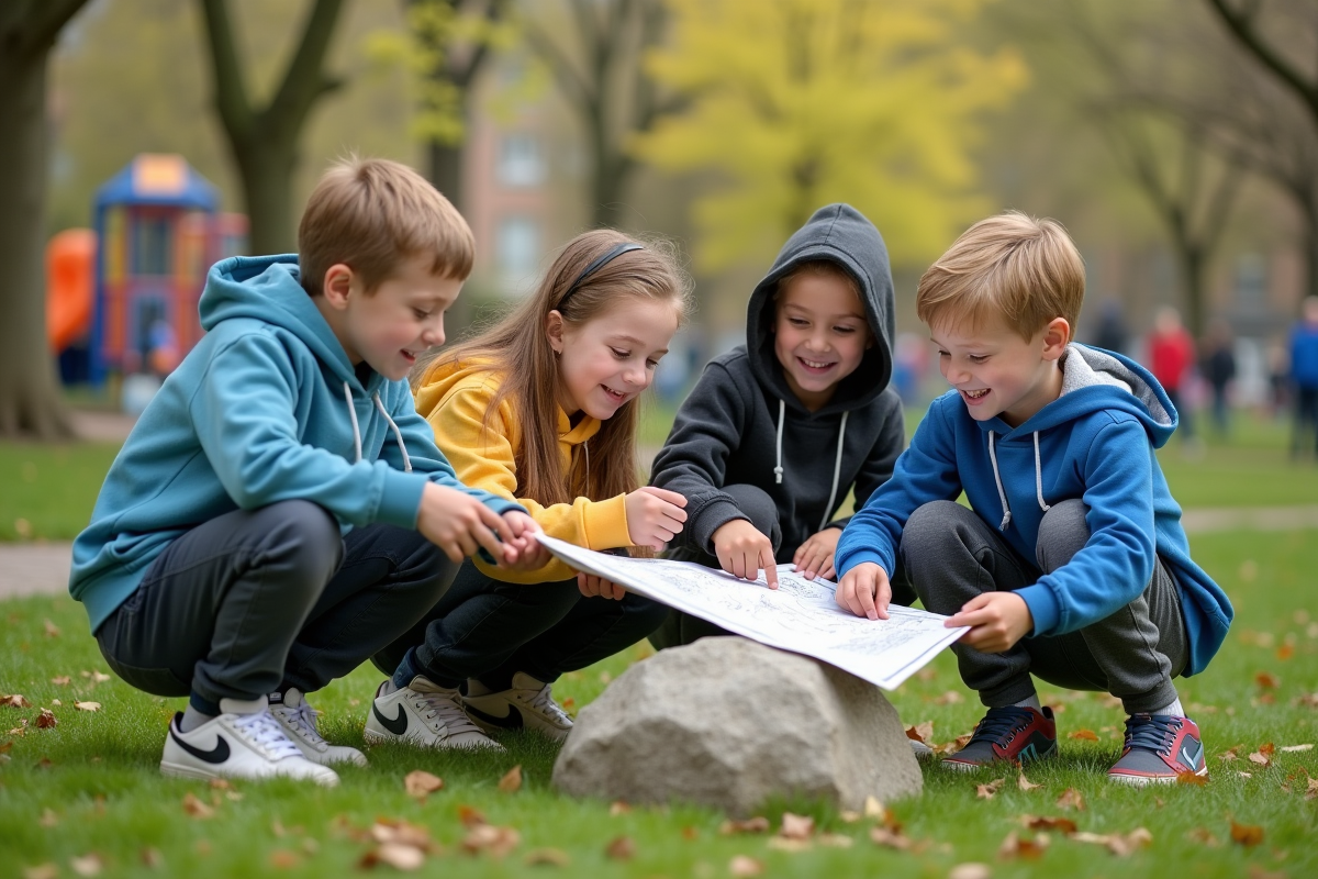 Groupe de jeunes en chasse au trésor dans un parc urbain