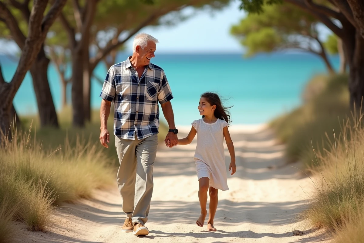 Grand-père réunionnais se promène avec sa petite-fille sur un chemin côtier pendant les vacances scolaires à La Réunion