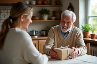 Grand-père ému recevant un cadeau de son petit-enfant lors de la fête des grands-pères en France