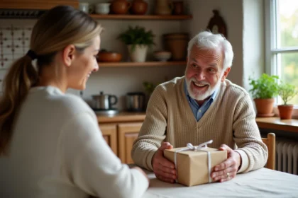 Grand-père ému recevant un cadeau de son petit-enfant lors de la fête des grands-pères en France