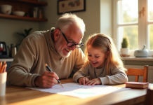 Grand-père joyeux enseignant à sa petite fille à dessiner dans la cuisine