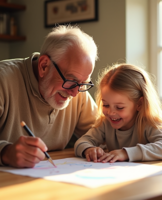 Grand-père joyeux enseignant à sa petite fille à dessiner dans la cuisine