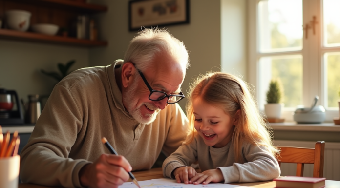 Grand-père joyeux enseignant à sa petite fille à dessiner dans la cuisine
