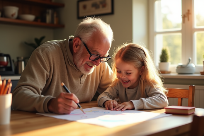 grandfather-dessin-enfant Grand-père joyeux enseignant à sa petite fille à dessiner dans la cuisine