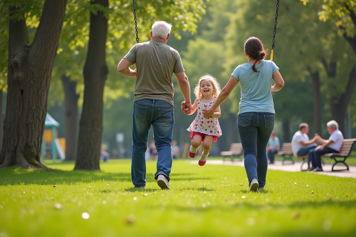 Grand-pere poussant sa petite fille sur une balançoire dans un parc