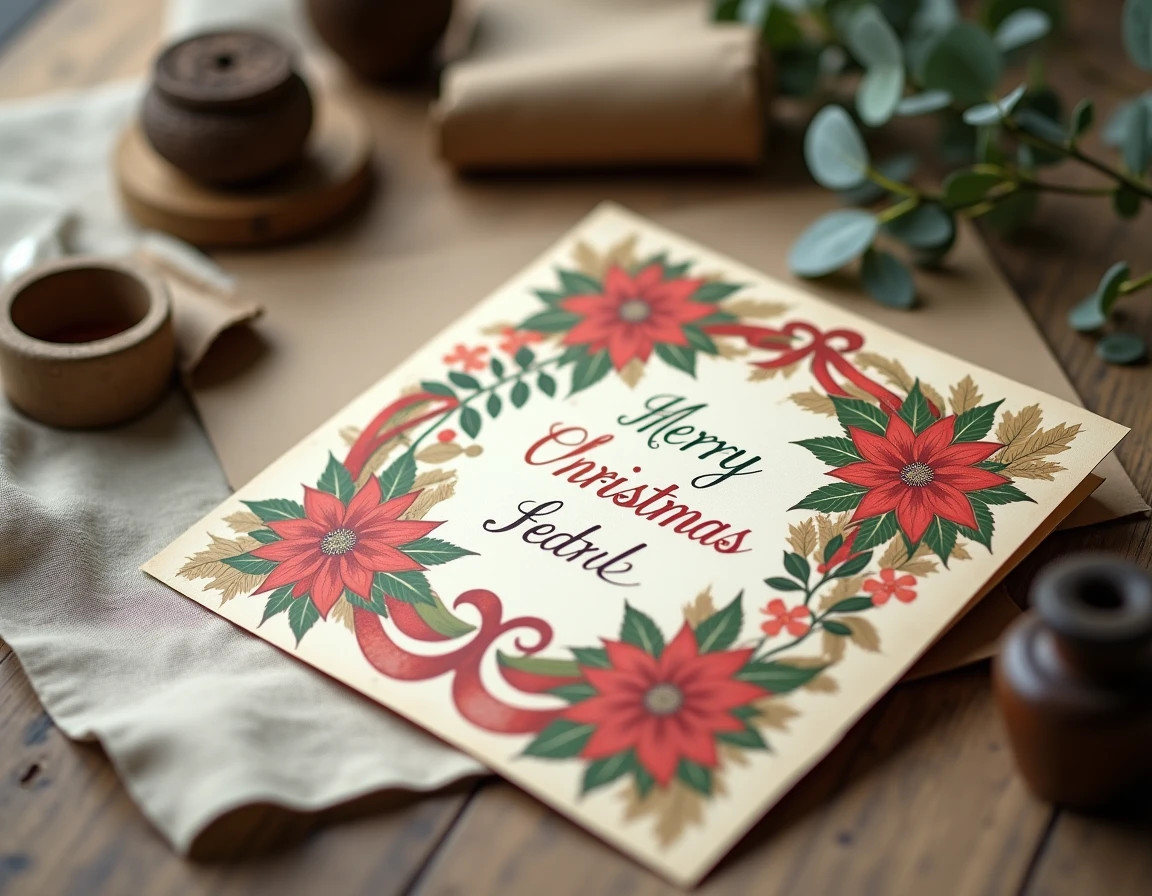Gros plan d'une carte de Noël vintage imprimée avec des motifs de poinsettias et une typographie rétro élégante posée sur un tissu lin avec un encrier ancien