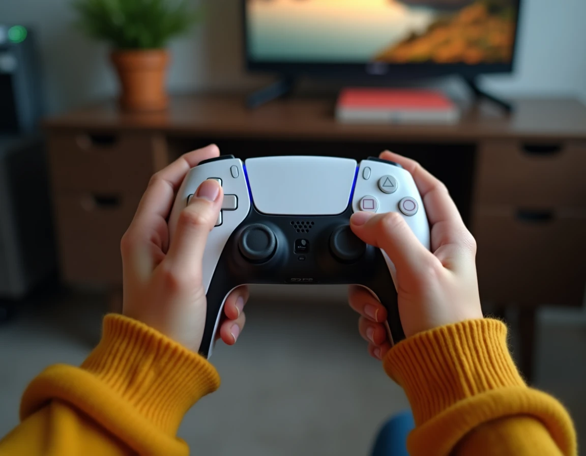 Gros plan sur les mains d'un enfant tenant une manette PS5 DualSense blanche, détail textures réalistes