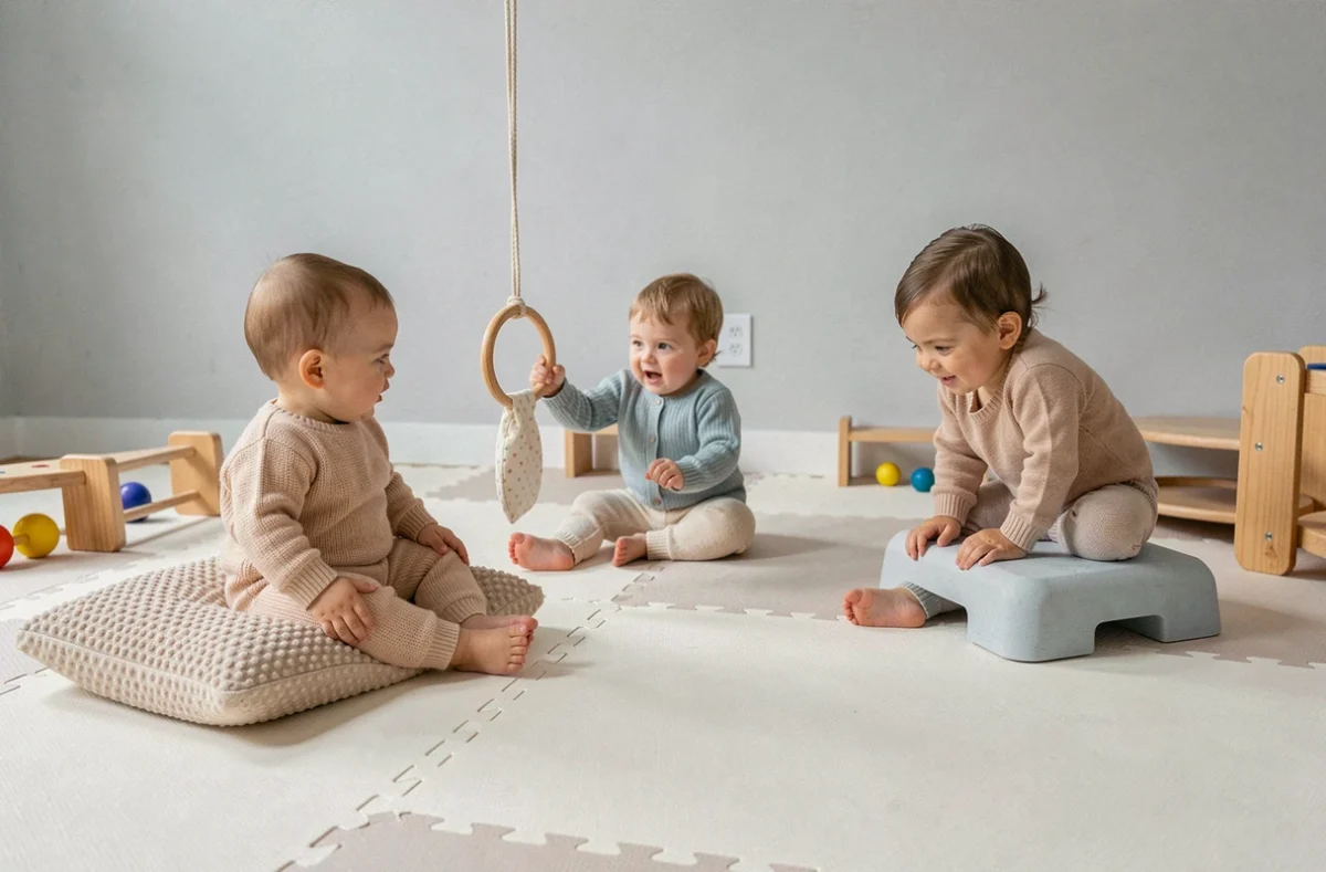 Groupe de bébés sur un parcours motricité varié dans une salle de jeu collective, vue d'ensemble de l'espace aménagé