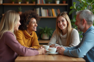 Groupe de quatre adultes souriants autour d'une table de café