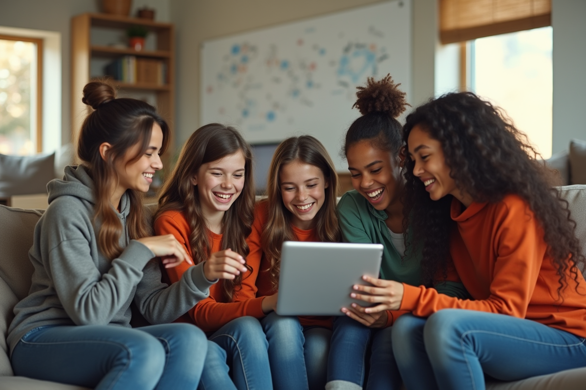 Groupe d élèves collaborant dans un salon lumineux