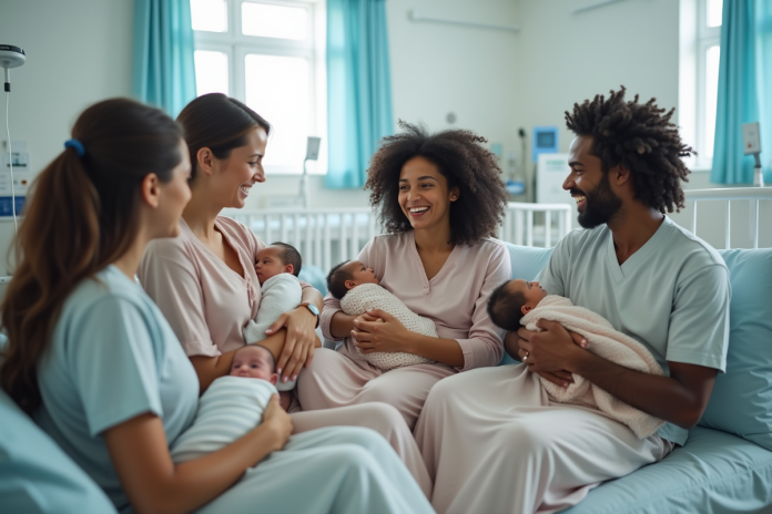 groupe-de-parents-et-bebes-hopital Familles avec bébés dans une salle de maternité moderne