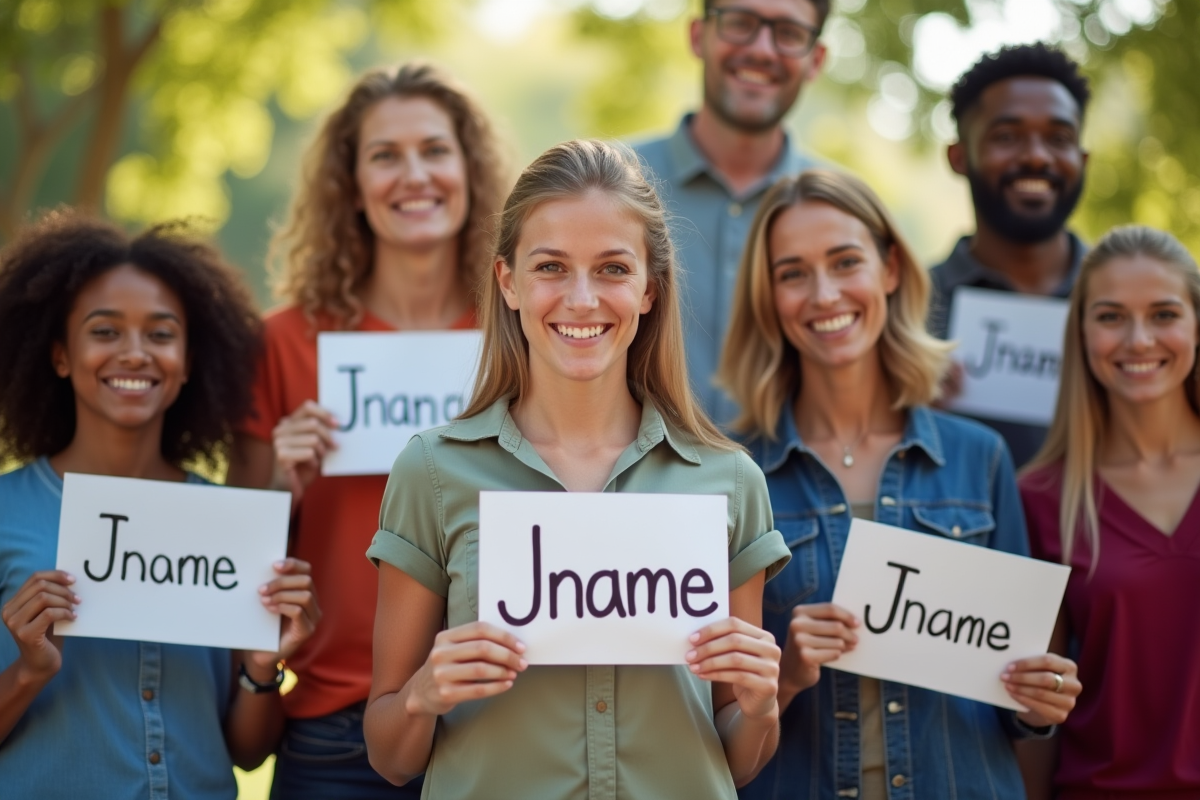 Groupe de personnes diverses tenant des cartes avec des noms en J en plein air