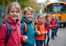 Enfants d école primaire souriants devant un bus scolaire