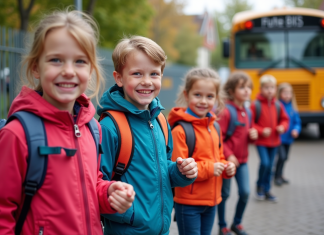 Enfants d école primaire souriants devant un bus scolaire