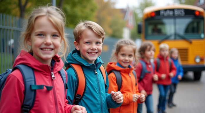 Enfants d école primaire souriants devant un bus scolaire