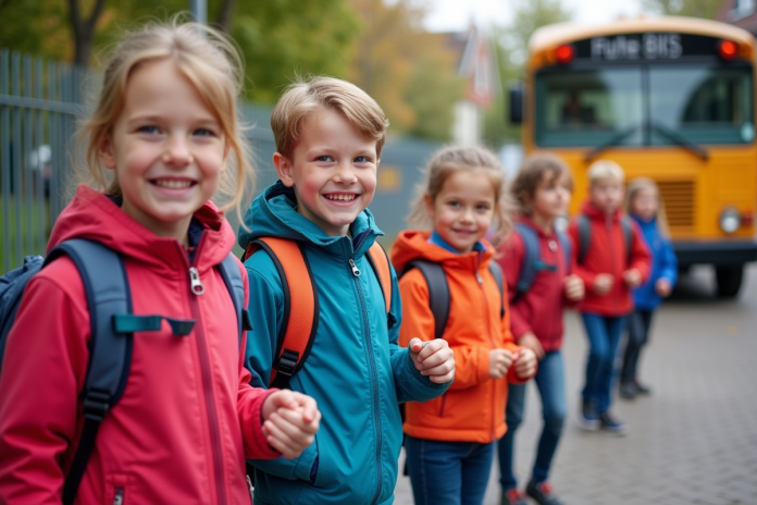 groupe-enfants-ecole-primaire Enfants d école primaire souriants devant un bus scolaire