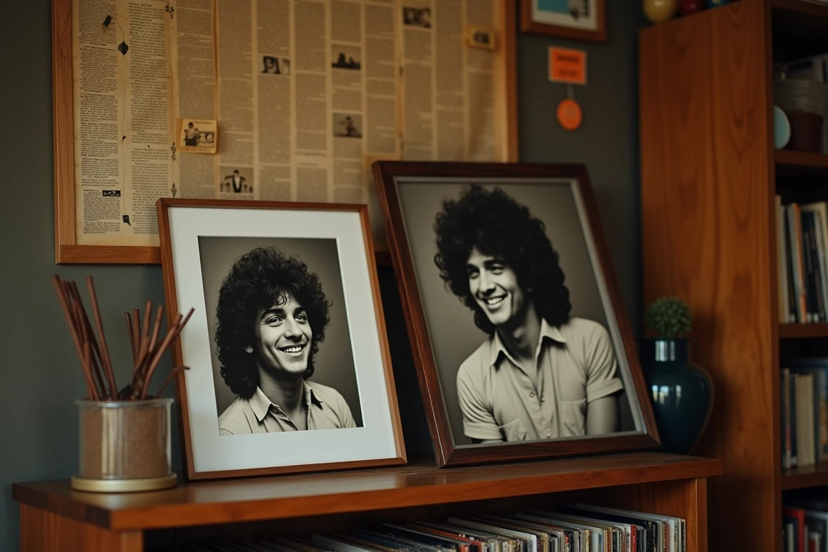 Collection de vinyles et photographies vintage d'un chanteur des années 70, évoquant l'héritage musical de Mike Brant