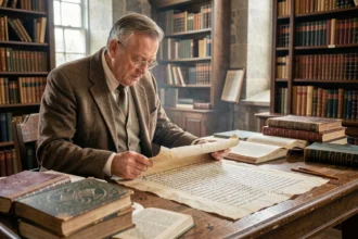 Historien examinant un manuscrit médiéval sur l'origine celtique du prénom Arthur dans une bibliothèque ancienne
