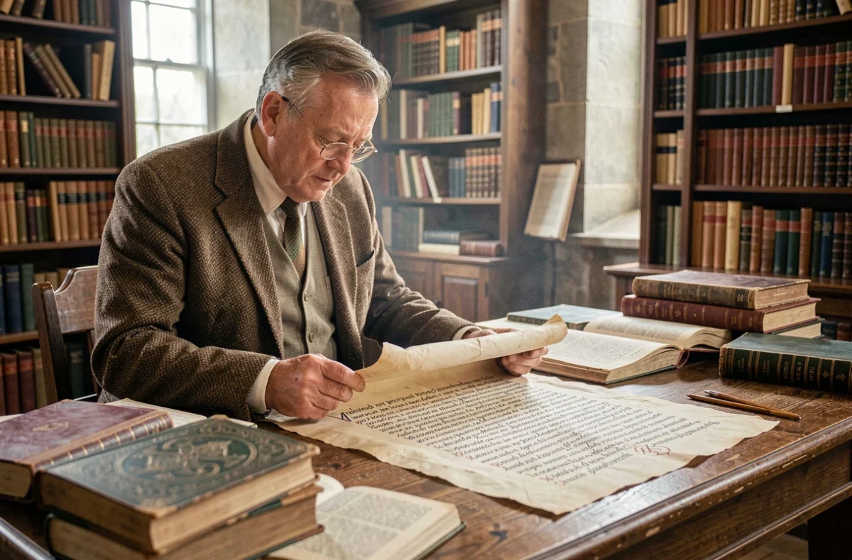 Historien examinant un manuscrit médiéval sur l'origine celtique du prénom Arthur dans une bibliothèque ancienne