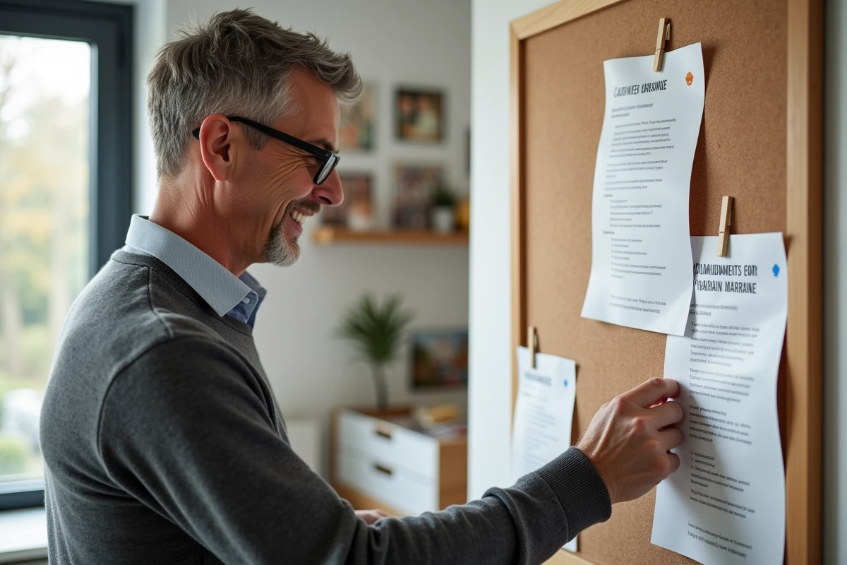 Homme pinçant une affiche des commandements dans un bureau moderne