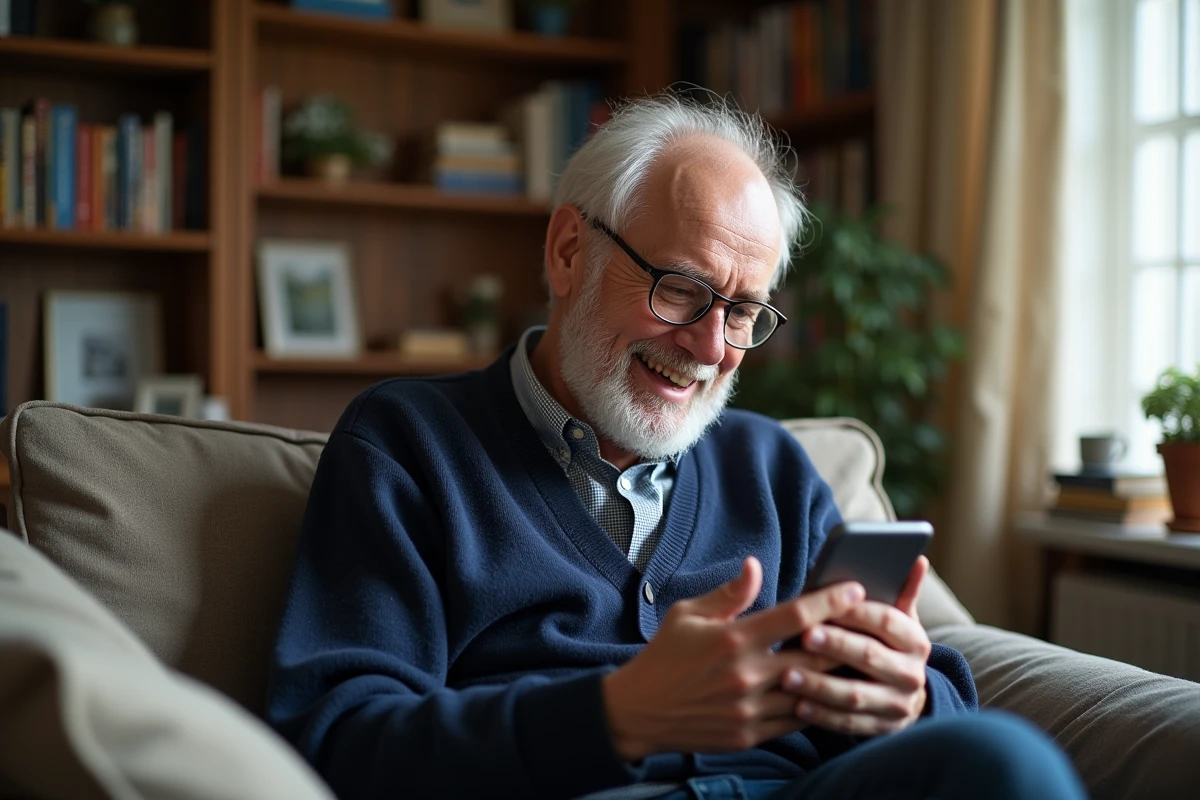 Homme âgé souriant utilise smartphone dans le salon