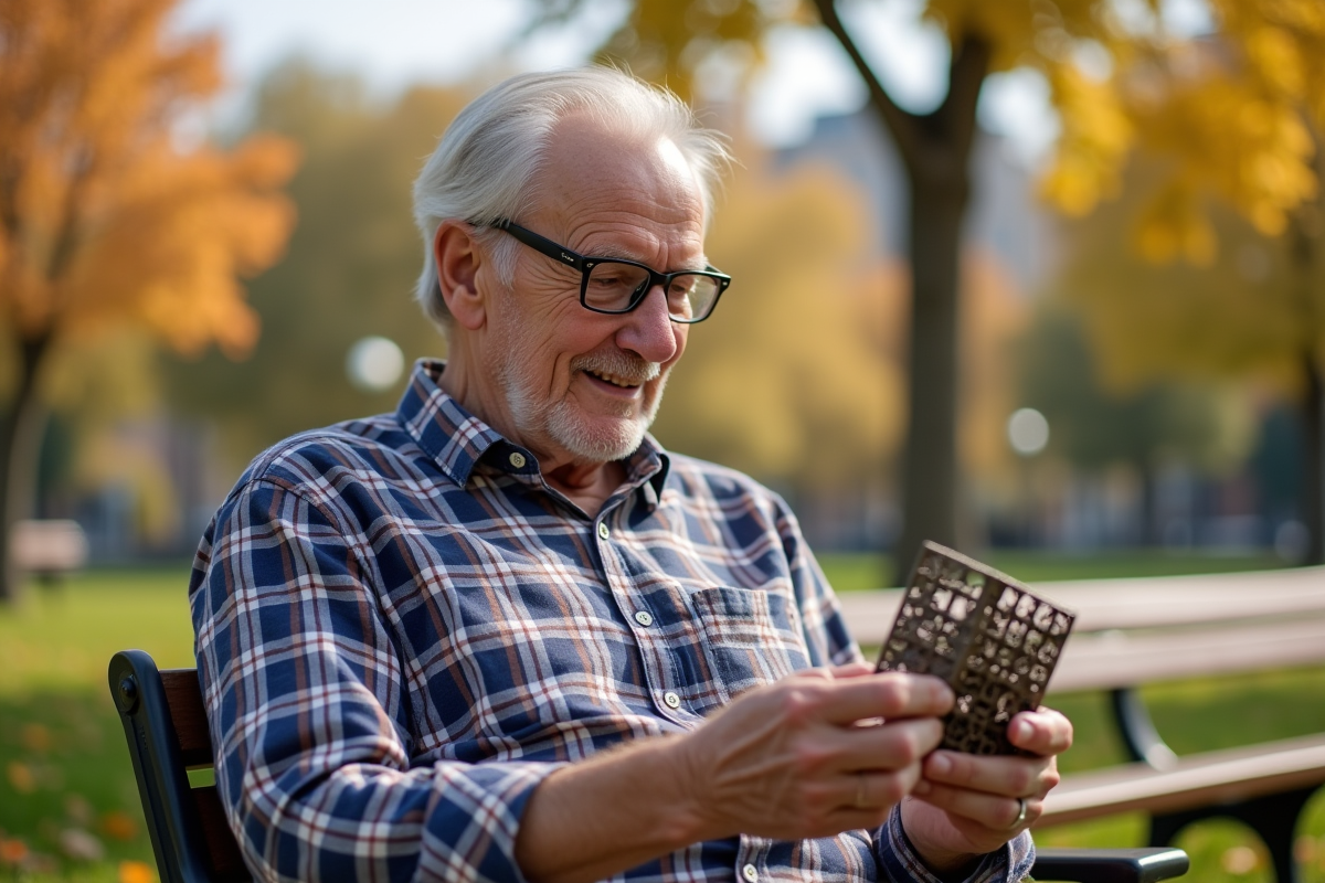 Homme âgé résout un casse-tête en plein air dans un parc