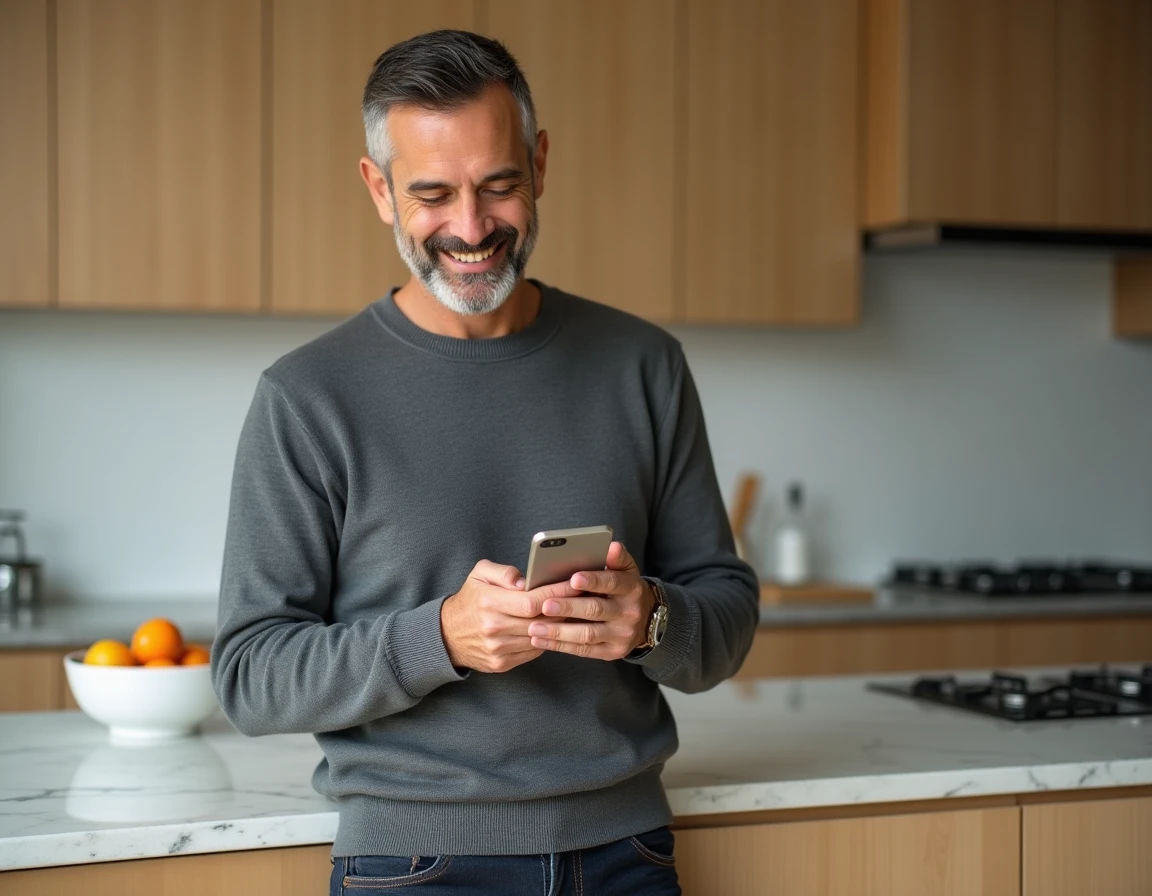 Homme consultant son compte sur application mobile dans sa cuisine moderne