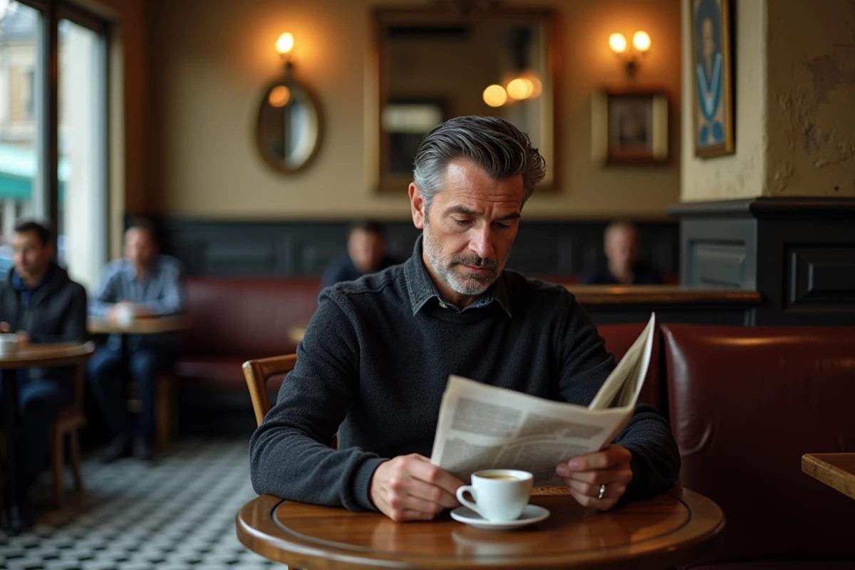 Homme lisant un journal dans une brasserie parisienne, symbolisant la discrétion et la protection de la sphère privée