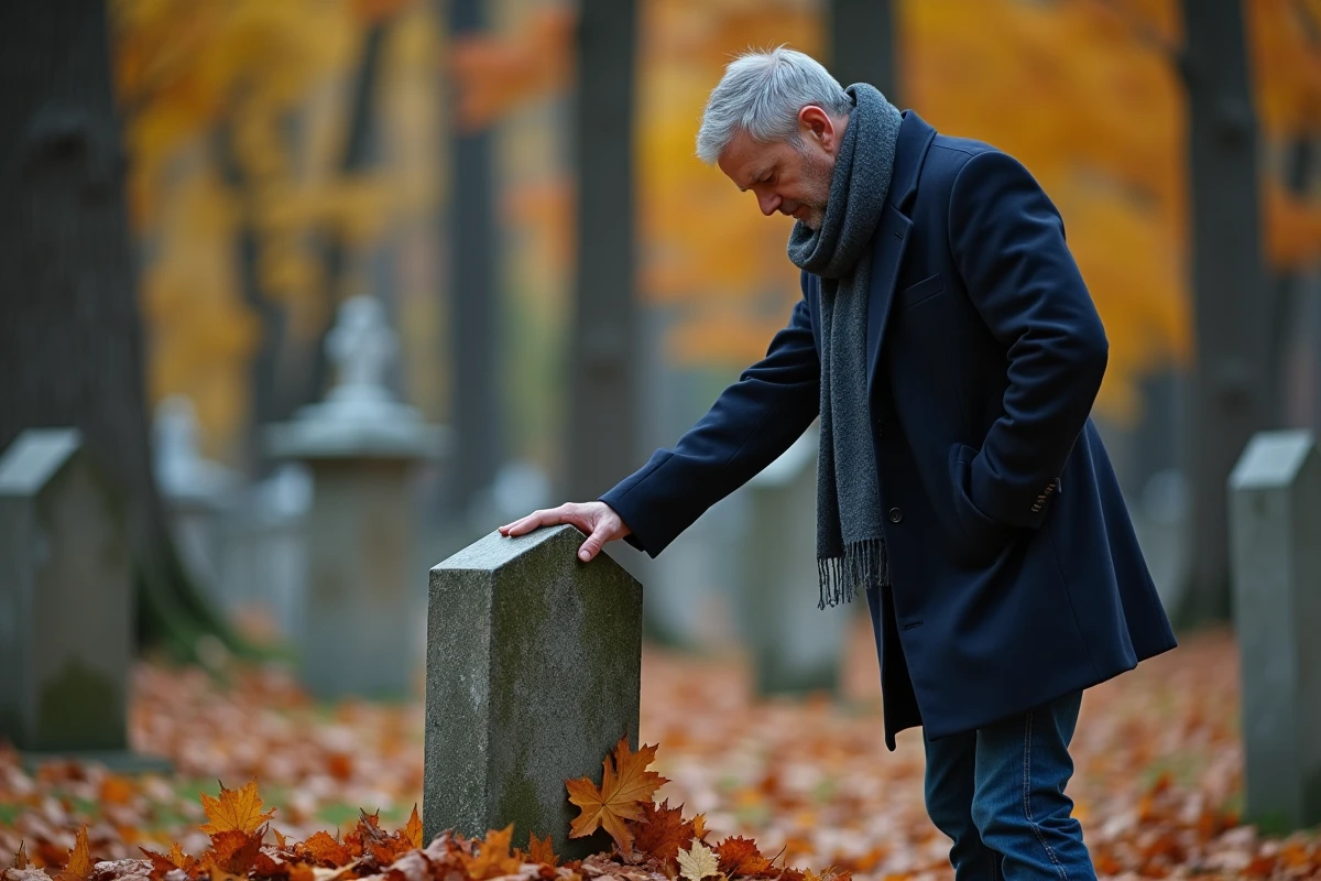 Homme recueilli devant une tombe dans un cimetière en automne pour l'anniversaire d'un décès