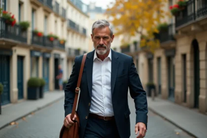 Homme discret marchant dans une rue parisienne typique, illustrant la protection de la vie privée d'un personnage public