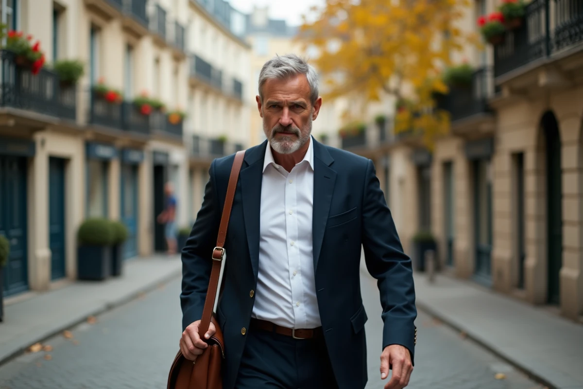 Homme discret marchant dans une rue parisienne typique, illustrant la protection de la vie privée d'un personnage public