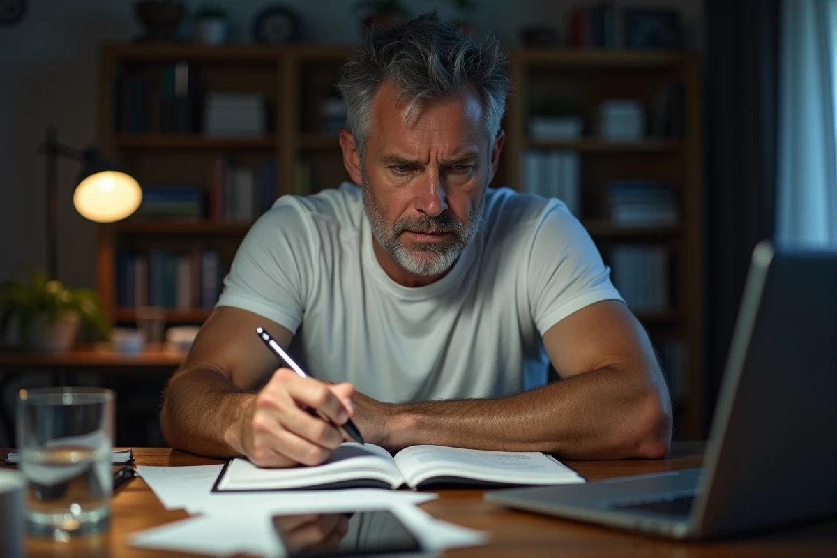 Homme d'âge moyen assis à un bureau à domicile le soir, regardant un agenda avec deux téléphones sur la table, expression de culpabilité et d'épuisement