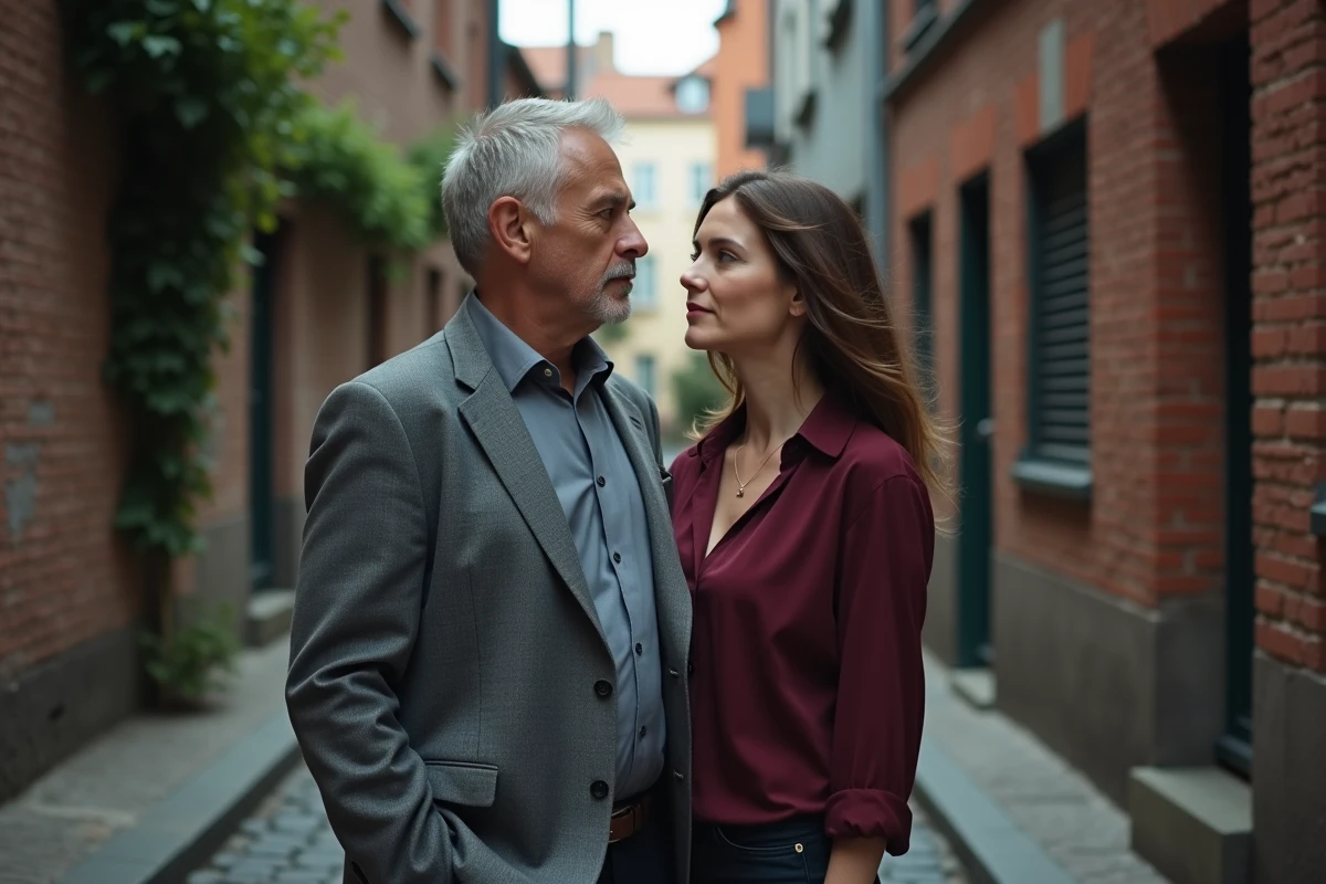 Un homme et une femme debout dans une ruelle urbaine pavée, langage corporel ambigu suggérant une intimité émotionnelle complexe entre deux adultes