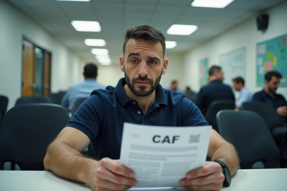 Homme consultant un formulaire CAF dans une salle d'attente de service social pour une demande d'aide 2026