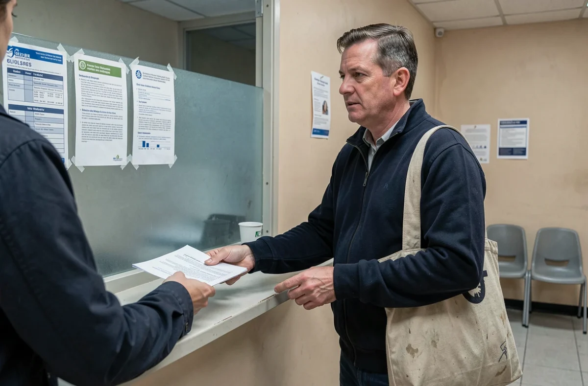 Homme déposant un dossier au guichet de la CAF pour un retard de paiement RSA