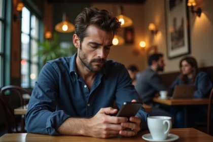 Homme marié d'une trentaine d'années regardant son téléphone avec une expression pensive dans un café parisien, alliance visible à la main gauche