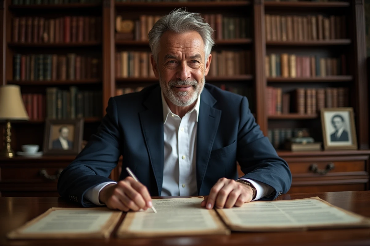 Homme d'âge moyen lisant des documents anciens dans un bureau