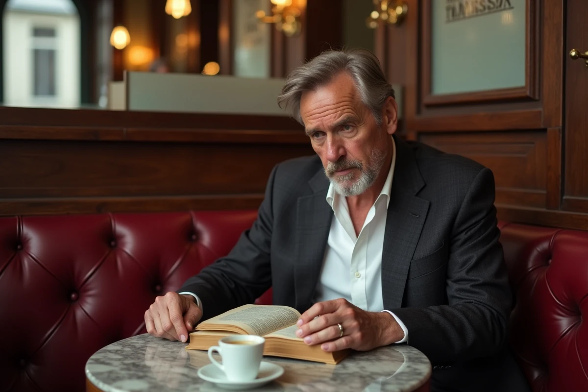 Homme adulte en veste sombre lisant dans un café brasserie parisien typique, illustration du contexte culturel et biographique parisien lié à la famille Haroche