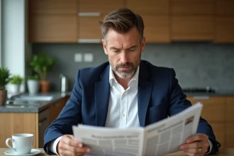 Homme français lisant un journal dans la cuisine