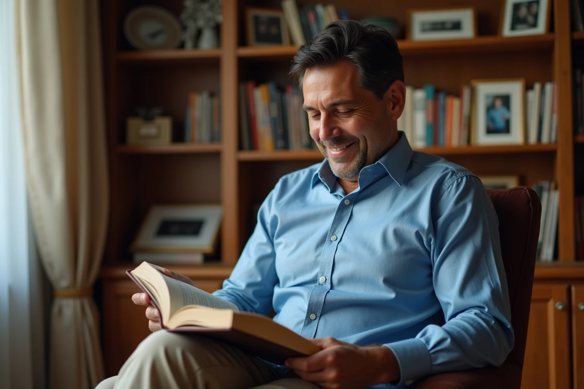 Homme d'âge moyen lisant dans un bureau chaleureux